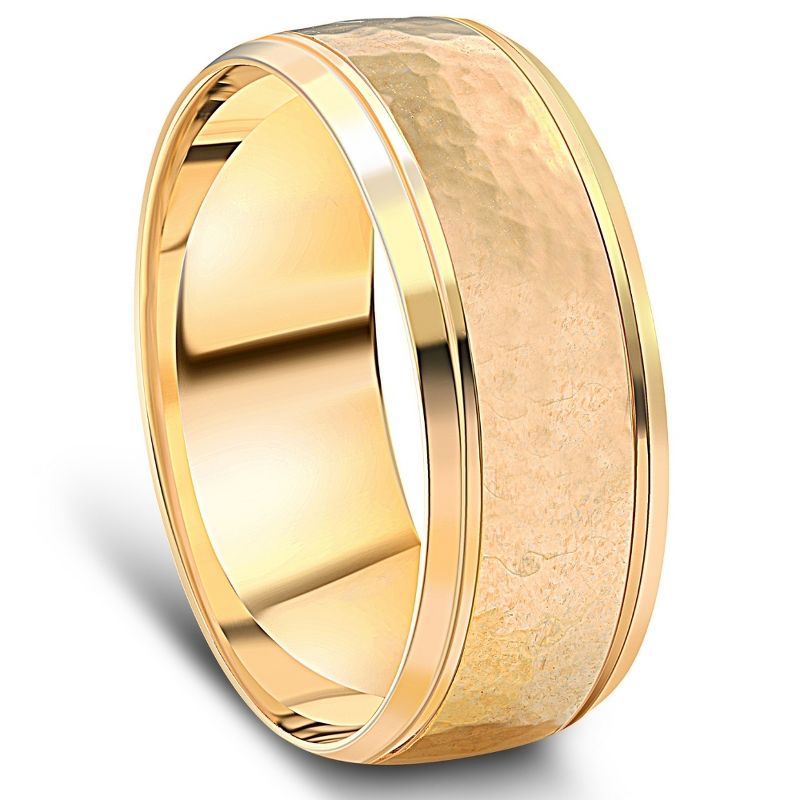 Pompeii3 Men's 8mm 14k Yellow Gold Ring Hammered Beveled Edge Wedding Band, 1 of 4