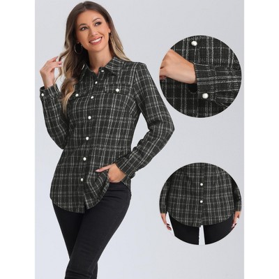 Allegra K Women's Button Down Plaid Faux Pockets Tweed Shackets Jackets Medium Black — фото 2