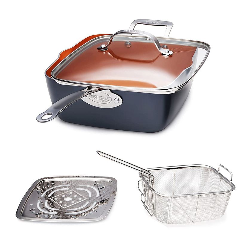 Gotham Steel 9.5" Deep Squre Nonstick Pan with Steamer Tray, Fry Basket and Glass Lid, 5 of 6