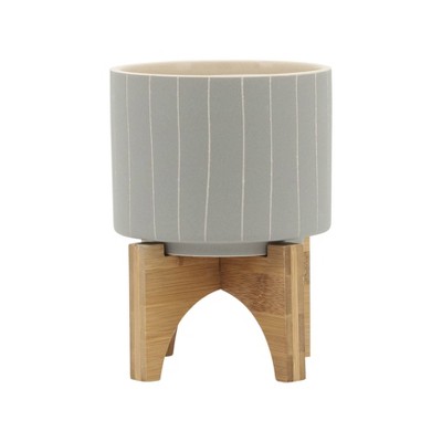 Sagebrook 5"x5" Stripes Ceramic Planter Pot with Stand Tan