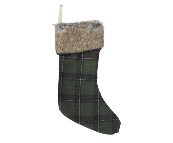 Northlight 17.5" Green Plaid Christmas Stocking with Beige Faux Fur Cuff