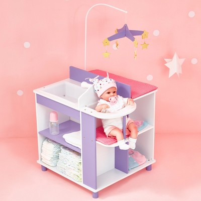 White and Purple Wooden Baby Doll Changing Station with Storage