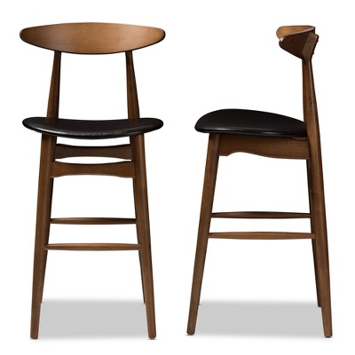 Set of 2 Walnut & Black Leather Mid-Century Barstools