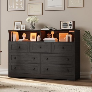 Dresser for Bedroom with Charging Station & LED Lights,7 Drawer Wooden LED Dresser with 2 Open Storage Cubbies - 1 of 4