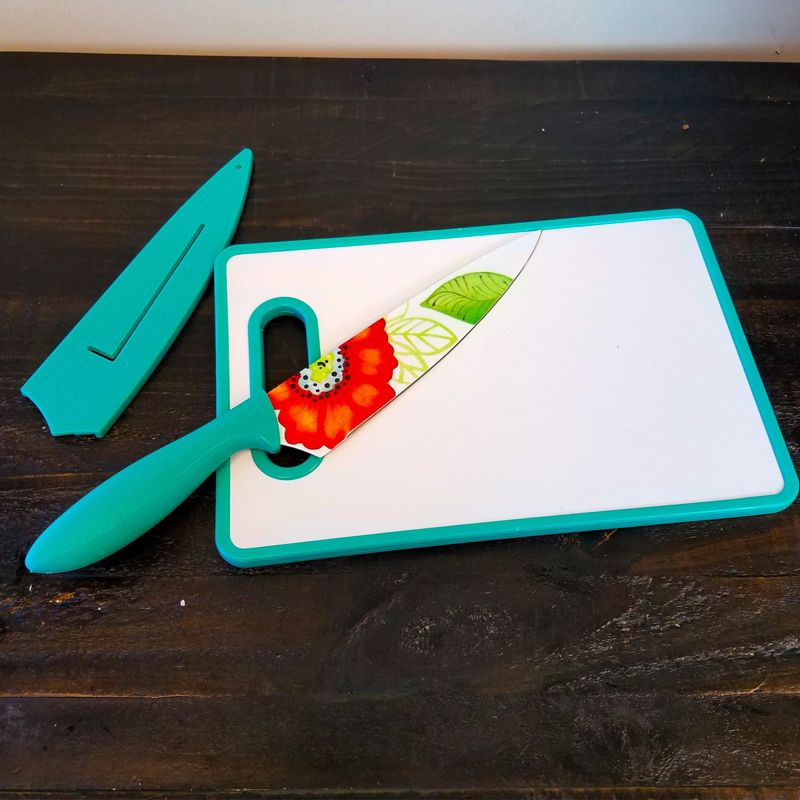 Studio California Jordana 3 Piece Cutlery Knife and Cutting Board Set in Turquoise Floral Pattern, 3 of 6