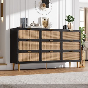 Rattan Dresser with 9 Drawers, Tall Modern Closet with Deep Storage, Large Chest of Drawers with Wide Top - 1 of 4