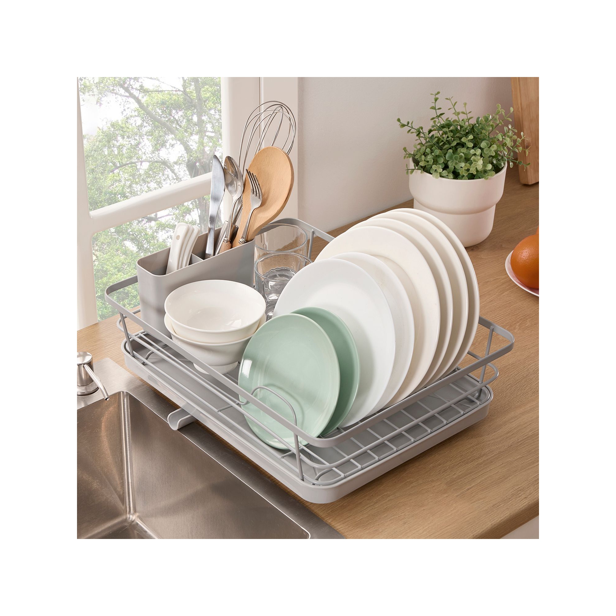 3-Piece Multi-Functional Dish Drying Rack with Drain Board & Utensil Holder - Silver