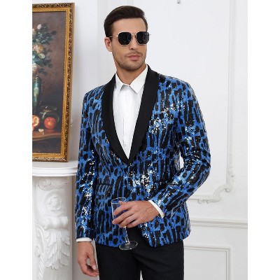 YesFashion Men Shiny Sequin Blazer Suit Fashion One Button Tuxedo Jacket for Party,Show,Banquet,Prom Black blue_ _M — фото 2