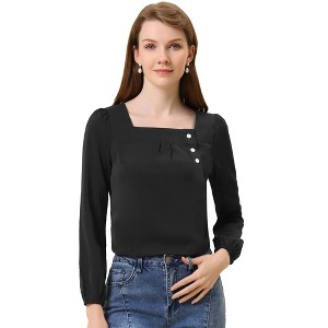 Allegra K Women's Casual Button Decor Long Sleeve Solid Square Neck Blouse - 1 of 4