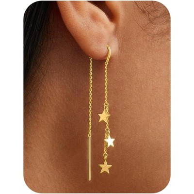 Dangle Threader Earrings for Women: Dainty 14k Gold Plated Drop Long Chain Earrings Trendy Non Tarnish Elegant Cubic