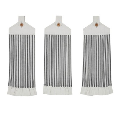 Sawyer Mill Black Ticking Stripe Button Loop Tea Towel Set of 3  VHC Brands