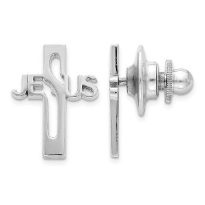 Black Bow Jewelry Rhodium Plated Sterling Silver Jesus Cross Lapel or Tie Pin, 13 x 16mm - 1 of 3