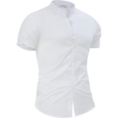 Men's Muscle Dress Shirts Slim Fit Stretch Banded Collar Short Sleeve Casual Button Down Shirt