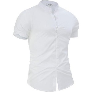 Men's Muscle Dress Shirts Slim Fit Stretch Banded Collar Short Sleeve Casual Button Down Shirt - 1 of 4