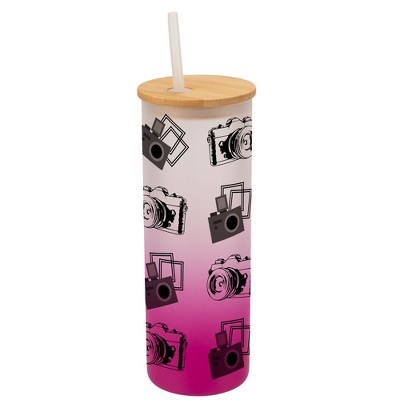 Elanze Designs Vintage Polaroid Cameras Photography Wrap-Around Design 25 Ounce Frosted Gradient Glass On-The-Go Coffee Travel Skinny Tumbler Mug Cup,