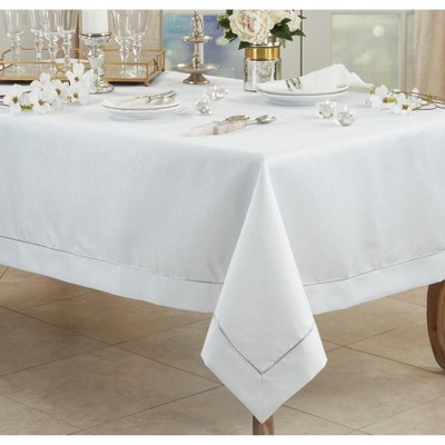 White Shimmering Fabric Tablecloth with Piping Detail, 50" x 70"