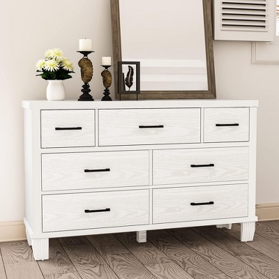 Dresser for Bedroom with 7 Drawers,White Wooden Dresser TV Stand with Large Drawers & Bar Handles