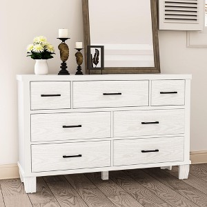 Dresser for Bedroom with 7 Drawers,White Wooden Dresser TV Stand with Large Drawers & Bar Handles - 1 of 4