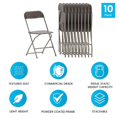 Brown Stackable Folding Plastic Chairs with Steel Frame, Set of 10
