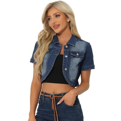 Allegra K Women's Turndown Collar Short Sleeves Crop Casual Jean Jacket ...