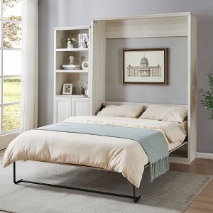 NicBex Queen Size Murphy Bed 65.6" Wooden Bed Frame Morden Hideaway Wall Bed with 1 Side Cabinet for BedRoom, Rustic White - 1 of 4