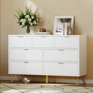 7 Drawer Dresser, 47.2" Wide Modern White Dresser for Bedroom, Wooden Chest of Drawer with Gold Metal Legs and Handles - 1 of 4