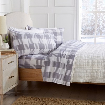 Queen Size Grey Buffalo Check Cotton Flannel Sheet Set