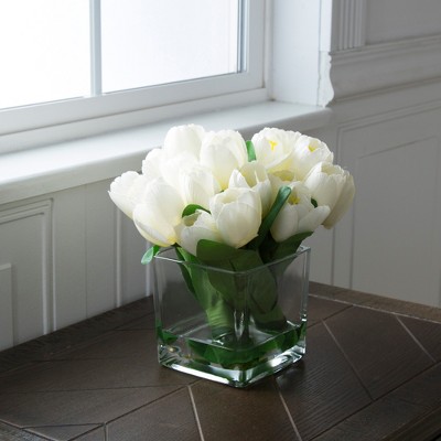 Cream Tulip Artificial Floral Arrangement in Glass Vase