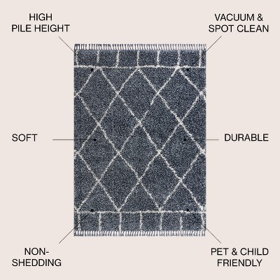 Handmade Denim Blue & Cream Moroccan Geometric Shag Rug 4' x 6'
