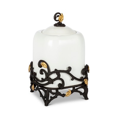 GG Collection 12-Inch Tall Gold Leaf Ceramic Canister with White Stoneware and Espresso Brown Vines and Gold Leaf Accented Base.