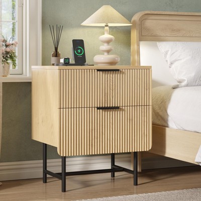 Fluted Nightstand with Charging Station & 2 Drawers, Bedside Table End Table, Natural Oak