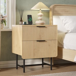 Fluted Nightstand with Charging Station & 2 Drawers, Bedside Table End Table, Natural Oak - 1 of 4