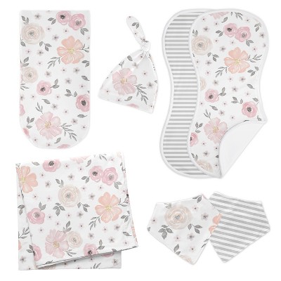 Sweet Jojo Designs Girl Newborn Baby Layette Gift Set Watercolor Floral Pink Grey and White 8pc