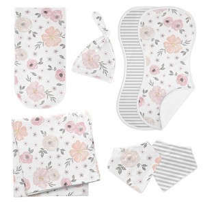 Sweet Jojo Designs Girl Newborn Baby Layette Gift Set Watercolor Floral Pink Grey and White 8pc - 1 of 4