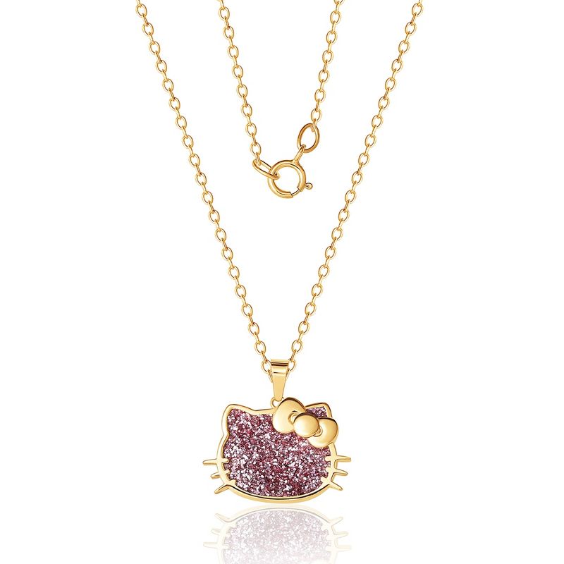 Sanrio Hello Kitty Silver Yellow Gold Plated Pink Glitter Pendant - 18'' Chain, Officially Licensed Authentic, 3 of 5