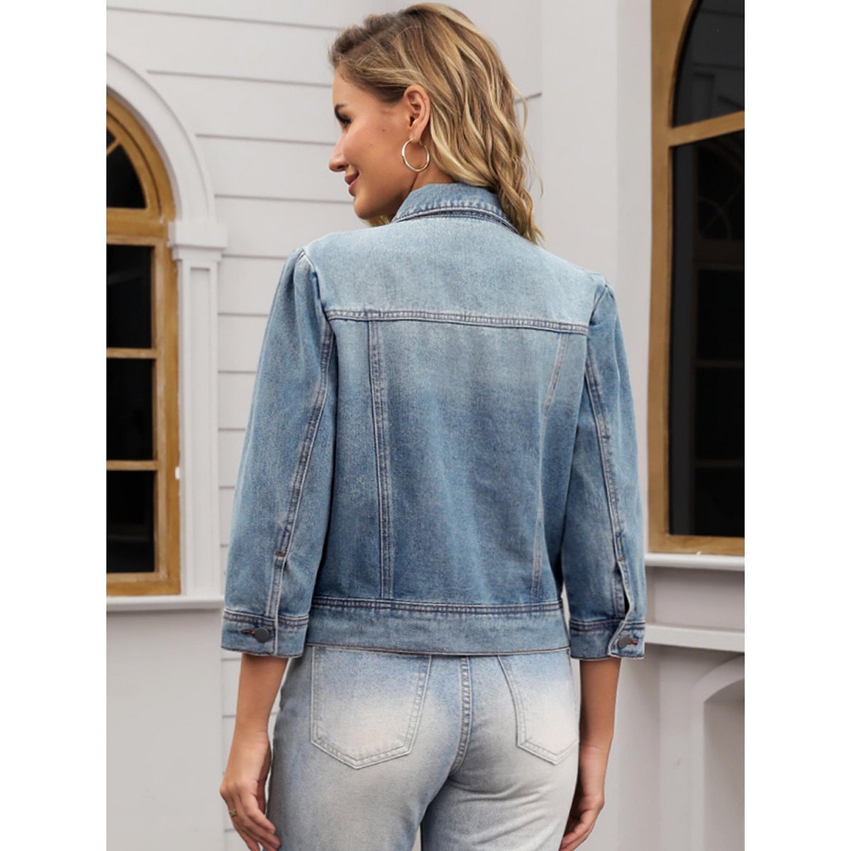 Женские куртки INSPIRE CHIC Women's 3/4 Sleeve Distressed Ripped Washed Button Down Cropped Jean Jackets Light Blue Small — фото 4