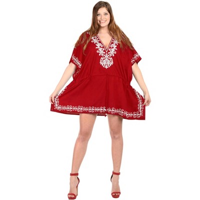LA LEELA Women's Beachwear Casual Dress Tunic Ladies Cover Ups for Swimwear Women Summer Caftan Beach Bikini Mini Kaftans for Women 3X-4X Red, Solid