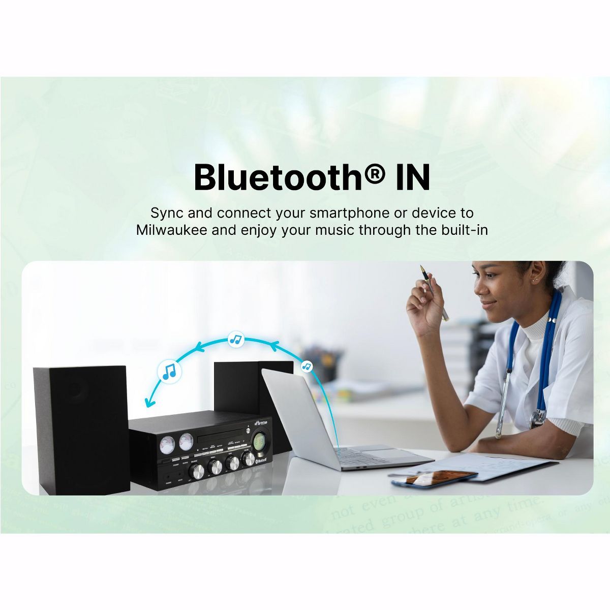 VICTOR Milwaukee 50 Watt Desktop Bluetooth Stereo System with CD/MP3 Player, FM Radio, Functioning VU Meters, and Detached Stereo Speakers, Black - thumbnail 3