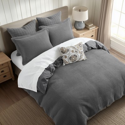 Gray Cotton Waffle Queen Duvet Cover Set