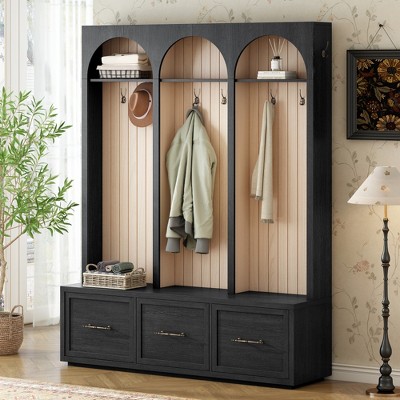 Lycvki 74.8"H Arched Design Wooden Hall Tree with Entryway Bench and 8 Retro Hooks