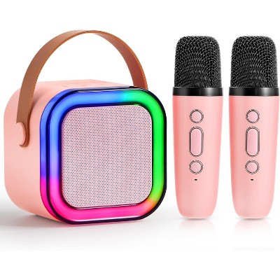 Mini Karaoke Machine with 2 Wireless Microphones for Kids and Adults, Bluetooth Speaker Toys, Christmas Girls Gift for Ages 3+ Years Old, Pink