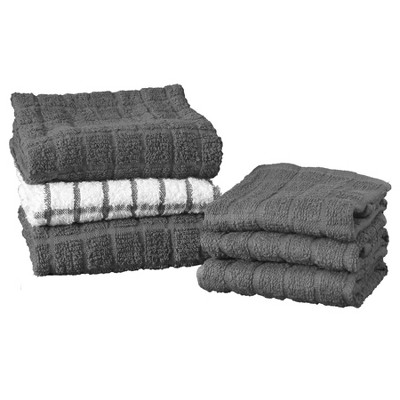 John Ritzenthaler Co. Terry Kitchen Towel and Dish Cloth, Set of 3 Towels and 3 Dish Cloths, Graphite