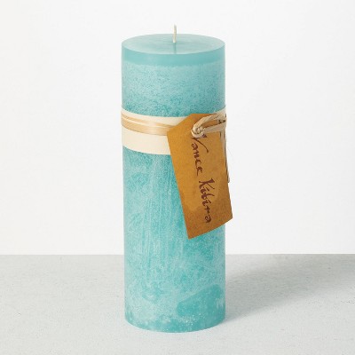 Vance Kitira 9" Sea Glass Blue Timber Pillar Candle ,Scentless, Clean-Burning, Environmental Friendly