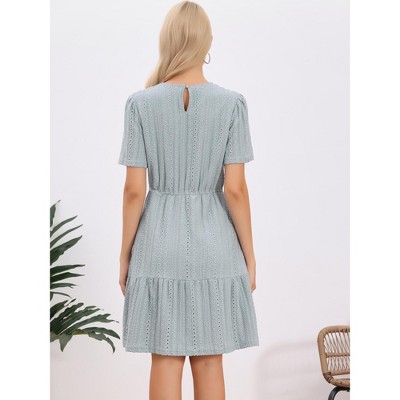 Женские платья INSPIRE CHIC Women's Crochet Boho Casual Short Sleeve Mini Tiered Dresses Large Blue Gray — фото 3
