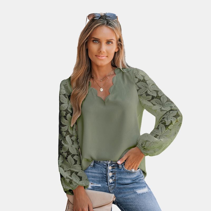 Women's Floral Lace Scalloped V Neck Top - Cupshe, 1 of 6