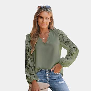 Women's Floral Lace Scalloped V Neck Top - Cupshe