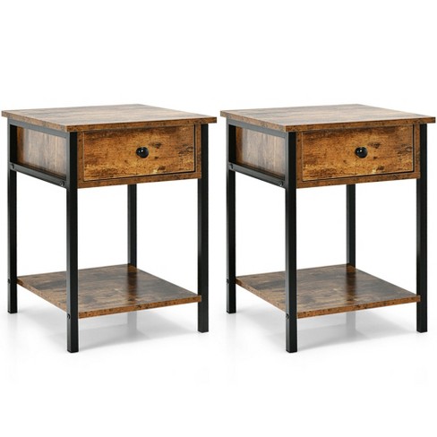 Costway 2pcs Industrial End Side Table Nightstand With Drawer Shelf Rustic  Brown : Target