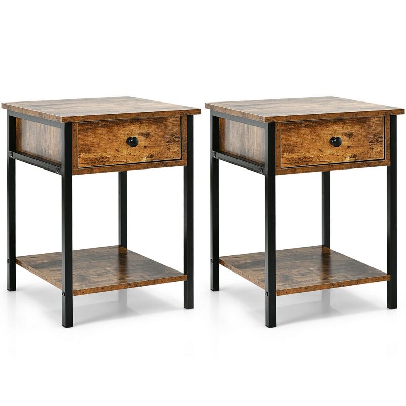 Costway 2PCS Industrial End Side Table Nightstand with Drawer Shelf Rustic Brown, 1 of 11