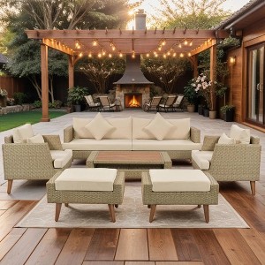 ELJGET 6 Pieces Wicker Patio Furniture Sets, All Weather PE Rattan Sectional Outdoor Conversation Set with Table and Cushions, Brown - 1 of 4