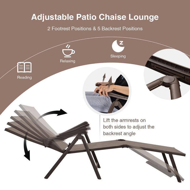 Costway Patio Folding Chaise Lounge Chair Outdoor Portable Reclining Lounger Beach Black\Brown\Grey, 4 of 9